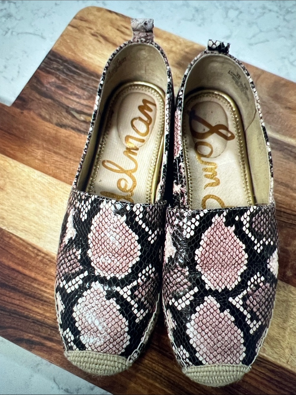 Sam Edelman Pink and Black Snake-Print Espadrille Slip-Ons